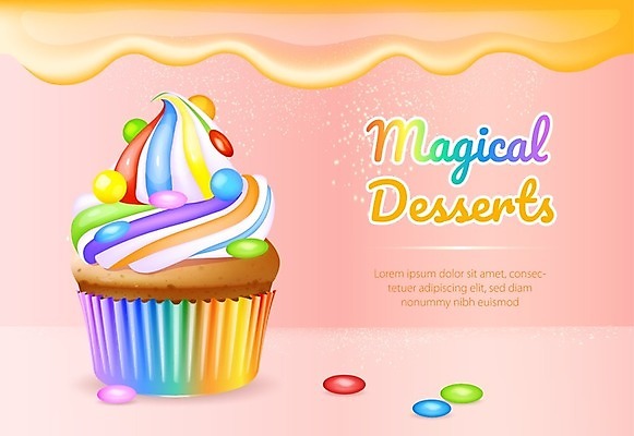 EPS 해외이미지 배너 일러스트 사탕 사람없음 장식 흐름 달콤 컵케이크 무지개색 휘핑크림 해외202009 해외일러스트 컨셉 디저트 컬러풀 케이크 맛 크림 휘핑 파일형식 벡터