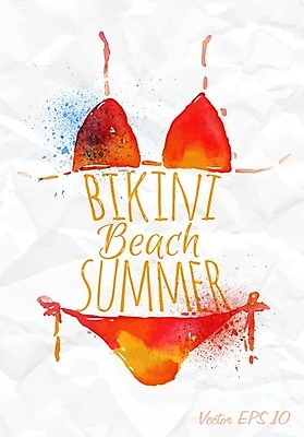 EPS 해외이미지 영어 일러스트 수채화 사람없음 빨간색 여름 비키니 손그림 해외일러스트 문자 계절 수영복 컬러 파일형식 벡터