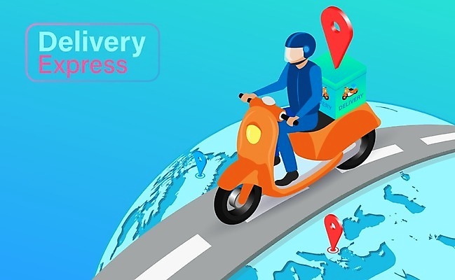 EPS 해외이미지 남자 도로 일러스트 한명 성인 지구본 오토바이 배달원 배송 서비스 성인남자한명만 해외202009 해외일러스트 직업 1 길 교통시설 사람 바이크 남자한명만 성인남자만 파일형식 벡터