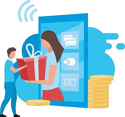 EPS 해외이미지 여자 남자 인터넷 일러스트 모바일 들기 성인 선물상자 스마트폰 상점 고객 배송 서비스 온라인쇼핑 모바일쇼핑 온라인 동전탑 성인만 해외202009 해외일러스트 모션 선물 사람 핸드폰 스마트기기 쇼핑 상자 쌓기 동전 파일형식 벡터