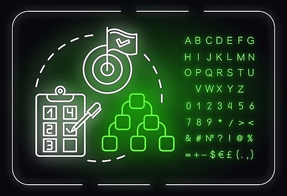 EPS 해외이미지 일러스트 사람없음 펜 깃발 목표 계획 체크표시 네온 순위 서류판 해외일러스트 컨셉 필기구 사무용품 확인 파일형식 벡터