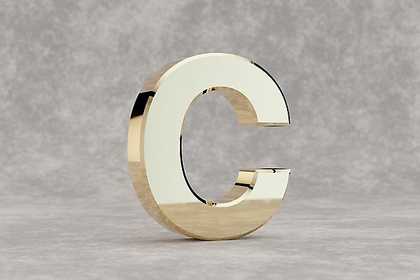 포토 JPG 해외이미지 캐릭터 알파벳 백그라운드 일러스트 사람없음 빛 반짝임 반사 3D 금속 황금 편지 만들기 광택 C 타입 고립 콘크리트 해외202009 해외포토 영어 모션 재질 디지털합성 파일형식