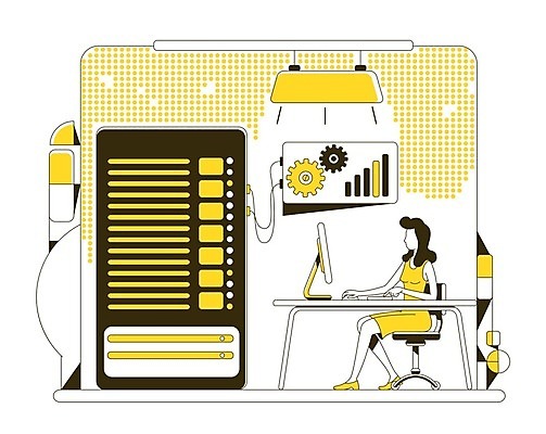 EPS 해외이미지 여자 의자 일러스트 그래프 전등 한명 앉기 성인 스마트폰 노란색 디지털 모니터 자료 키보드 마우스 네트워크 연결 스마트 책상 저장 톱니바퀴 성인여자한명만 해외일러스트 1 컬러 가구 컨셉 모션 조명 사람 핸드폰 스마트기기 컴퓨터 컴퓨터용품 여자한명만 성인여자만 파일형식 벡터
