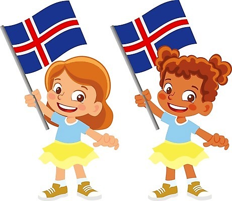 EPS 해외이미지 전신 캐릭터 여자 어린이 일러스트 아이슬란드 들기 두명 국기 아이슬란드국기 소녀만 해외202009 해외일러스트 일러캐릭터 유럽 모션 사람 여자만 어린이만 파일형식 벡터