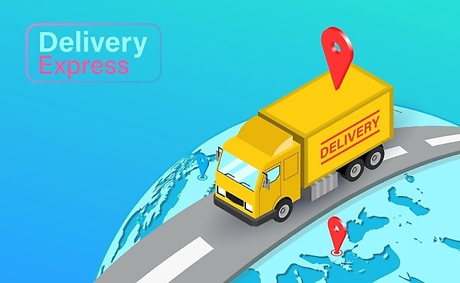 EPS 해외이미지 도로 일러스트 모바일 사람없음 글로벌 지구본 트럭 서비스 온라인쇼핑 짐차 모바일쇼핑 해외202009 해외일러스트 길 교통시설 자동차 쇼핑 온라인 파일형식 벡터