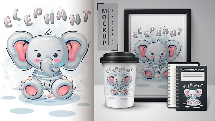 EPS 해외이미지 캐릭터 액자 일러스트 코끼리 사람없음 공책 스프링노트 테이크아웃컵 목업 벡터 해외202009 해외일러스트 일러캐릭터 포유류 문구용품 컵 파일형식