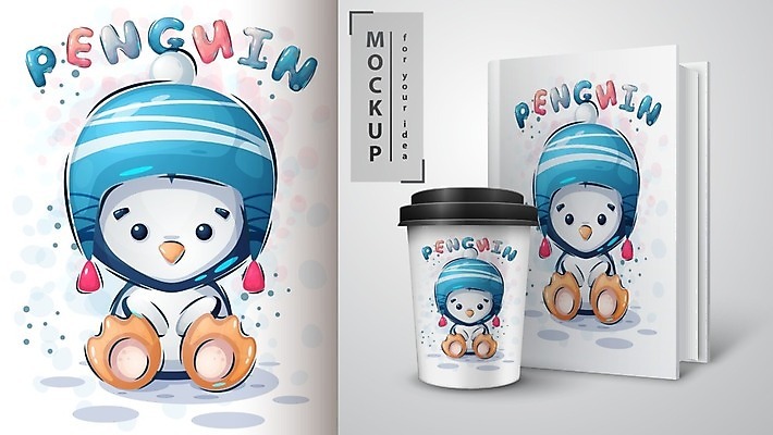 EPS 해외이미지 캐릭터 일러스트 사람없음 책 공책 펭귄 테이크아웃컵 목업 벡터 해외202009 해외일러스트 일러캐릭터 조류 문구용품 컵 파일형식