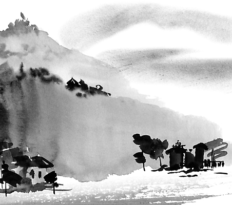 JPG 해외이미지 나무 일러스트 붓터치 산 수묵화 사람없음 건물 검은색 동양화 번짐 해외일러스트 식물 건축물 컬러 미술 파일형식 효과