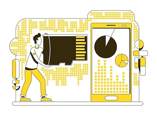 EPS 해외이미지 전신 남자 일러스트 비즈니스 그래프 한명 들기 성인 스마트폰 노란색 라인아트 메모리카드 성인남자한명만 해외202009 해외일러스트 1 선 컬러 모션 사람 핸드폰 스마트기기 메모리 남자한명만 성인남자만 파일형식 벡터