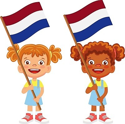 EPS 해외이미지 전신 여자 어린이 일러스트 들기 두명 국기 네덜란드 네덜란드국기 소녀만 해외202009 해외일러스트 유럽 모션 사람 여자만 어린이만 파일형식 벡터