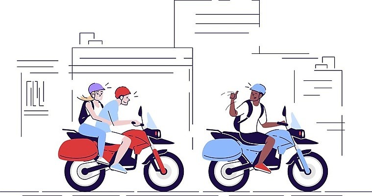 EPS 해외이미지 전신 여자 남자 여행 일러스트 가이드 휴가 휴식 성인 세명 오토바이 승차 따봉 성인만 해외202309 해외일러스트 직업 컨셉 모션 사람 바이크 최고 파일형식 벡터