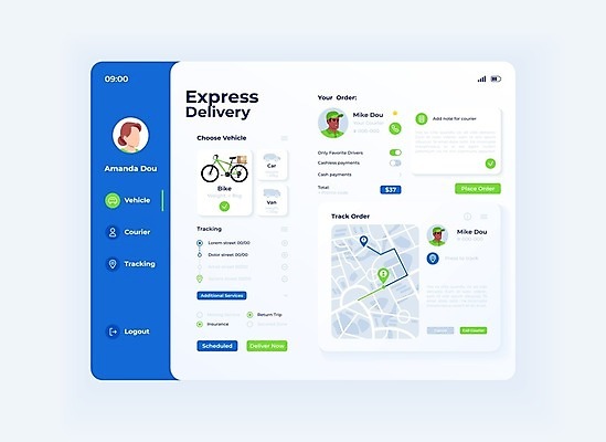 EPS 해외이미지 지도 일러스트 사람모양 사람없음 디지털 자전거 어플리케이션 배달원 만화 고객 배송 서비스 UI 터치스크린 사용자 해외202009 해외일러스트 모양 직업 바이크 파일형식 벡터