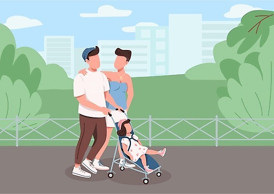 EPS 해외이미지 커플 공원 여자 남자 딸 어린이 일러스트 가족 남편 사람 풍경 소녀 성인 야외 세명 산책 아기 도시 아내 유모차 해외202009 해외일러스트 공공시설 관계 휴식 아기용품 파일형식 벡터