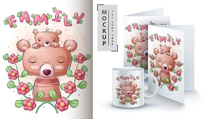 EPS 해외이미지 캐릭터 꽃 잎 일러스트 곰 사람없음 머그컵 목업 벡터 해외202009 해외일러스트 일러캐릭터 식물 동물 포유류 컵 파일형식