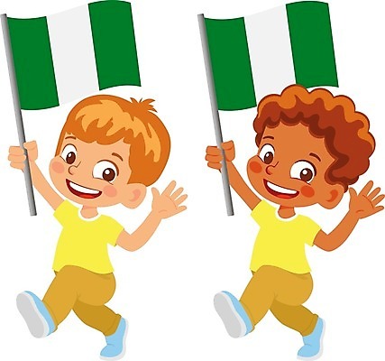 EPS 해외이미지 전신 캐릭터 남자 어린이 일러스트 들기 소년 두명 국기 나이지리아 나이지리아국기 소년만 해외202009 해외일러스트 일러캐릭터 모션 사람 남자만 어린이만 파일형식 벡터 서아프리카