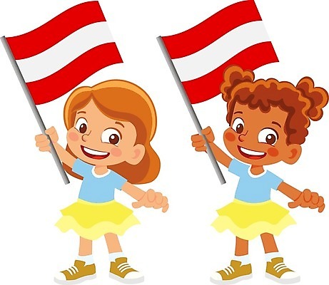 EPS 해외이미지 전신 캐릭터 여자 어린이 일러스트 들기 두명 오스트리아 국기 소녀만 오스트리아국기 해외202009 해외일러스트 일러캐릭터 유럽 모션 사람 여자만 어린이만 파일형식 벡터