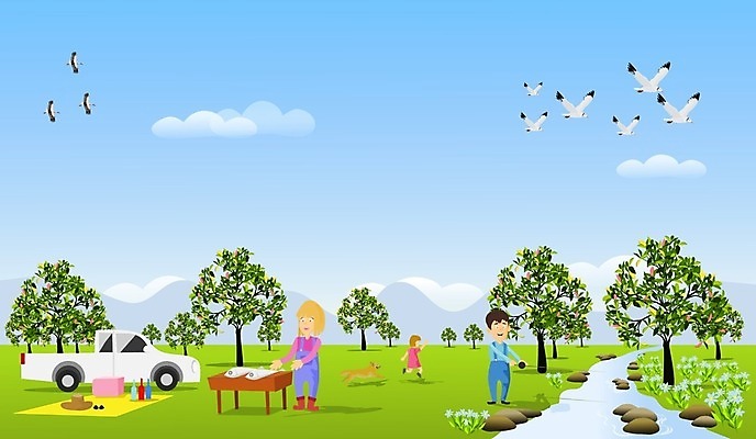 EPS 해외이미지 전신 나무 계절 공원 반려견 어린이 일러스트 가족 자동차 조류 하늘 사람 풍경 소녀 성인 야외 세명 소풍 식사 개울 개 해외202009 해외일러스트 식물 동물 공공시설 여자 육상교통 포유류 관계 반려동물 강 야외활동 파일형식 벡터