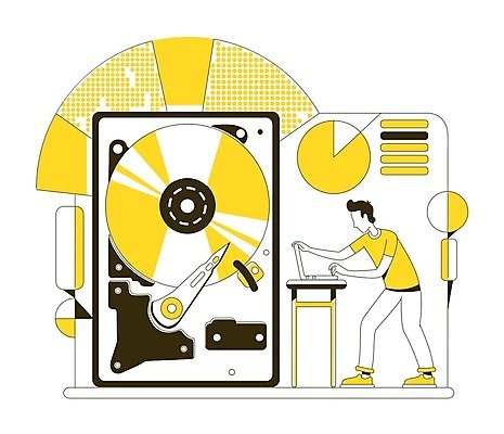 EPS 해외이미지 전신 남자 일러스트 비즈니스 그래프 한명 성인 노트북 노란색 CD 라인아트 하드디스크 성인남자한명만 해외202009 해외일러스트 1 선 컬러 사람 전자제품 남자한명만 성인남자만 파일형식 벡터