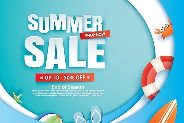 EPS 해외이미지 파도 하늘색 일러스트 불가사리 사람없음 세일 꽃게 서핑보드 쪼리 비치볼 튜브 겹침 50% 해외202009 해외일러스트 바다 공 극피동물 바캉스용품 파란색 게 보드_스포츠 퍼센트 샌들 파일형식 벡터