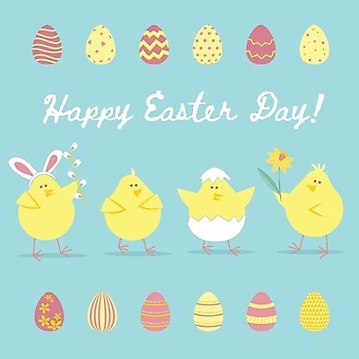 EPS 해외이미지 하늘색 일러스트 부활절 병아리 타이포그라피 사람없음 노란색 부활절계란 해외202009 해외일러스트 문자 기념일 컬러 조류 파란색 계란 파일형식 벡터