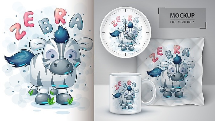 EPS 해외이미지 캐릭터 시계 쿠션 일러스트 베개 선물 사람없음 머그컵 얼룩말 목업 벡터 해외202009 해외일러스트 일러캐릭터 침구 컵 말_동물 파일형식