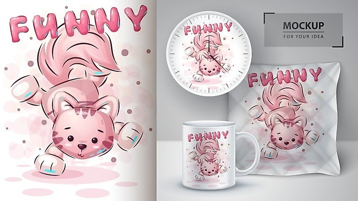 EPS 해외이미지 캐릭터 시계 쿠션 일러스트 베개 사람없음 고양이 머그컵 목업 벡터 해외202009 해외일러스트 일러캐릭터 포유류 침구 컵 반려동물 파일형식