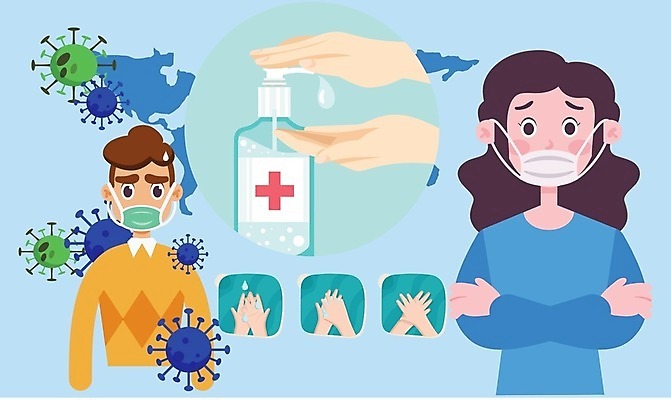 EPS 해외이미지 손 여자 남자 일러스트 마스크 상반신 성인 두명 신체부위 팔짱 불안 손씻기 손씻기방법 성인만 코로나바이러스 손소독제 생활방역 해외202009 델타변이바이러스 해외일러스트 감정 모션 사람 바이러스 씻기 방법 방역 소독제 파일형식 벡터