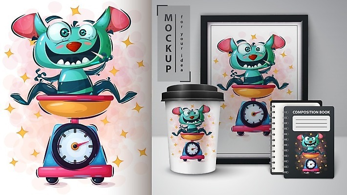 EPS 해외이미지 캐릭터 일러스트 저울 사람없음 스프링노트 몬스터 테이크아웃컵 목업 벡터 해외202009 해외일러스트 일러캐릭터 컵 공책 파일형식
