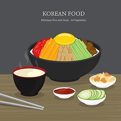 EPS 해외이미지 그릇 일러스트 젓가락 오이 사람없음 고추장 국 비빔밥 해외202009 해외일러스트 식기 한식 음식 채소 수저 양념 파일형식 벡터
