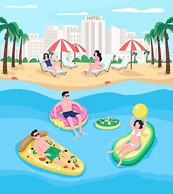 EPS 해외이미지 구름 여자 남자 음료 일러스트 물놀이 하늘 호텔 휴식 피자 들기 앉기 여러명 성인 해변 야자수 눕기 도시 파라솔 도넛 비치볼 선베드 튜브 아보카도 성인만 해외202009 해외일러스트 자연요소 나무 바다 다수 컨셉 의자 과일 공 모션 놀이 숙소 디저트 바캉스용품 패스트푸드 서양음식 사람 파일형식 벡터