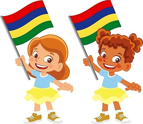 EPS 해외이미지 전신 캐릭터 여자 어린이 섬 일러스트 들기 두명 국기 모리셔스 소녀만 해외202009 해외일러스트 일러캐릭터 모션 사람 여자만 어린이만 파일형식 벡터