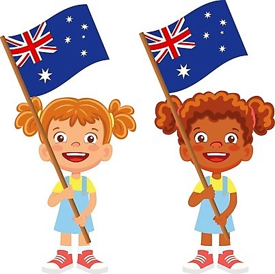 EPS 해외이미지 전신 여자 어린이 일러스트 들기 두명 호주 국기 호주국기 소녀만 해외202009 해외일러스트 모션 사람 오세아니아 여자만 어린이만 파일형식 벡터