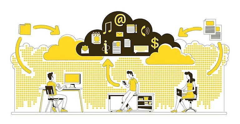 EPS 해외이미지 전신 구름 여자 남자 화살표 의자 일러스트 비즈니스 탁자 앉기 성인 세명 컴퓨터 노란색 자료 라인아트 클라우드서비스 성인만 해외202009 해외일러스트 자연요소 선 컬러 가구 모션 사람 전자제품 서비스 파일형식 벡터