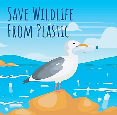 EPS 해외이미지 야생동물 바다 일러스트 갈매기 조류 타이포그라피 사람없음 파란색 환경오염 쓰레기 폐기물 플라스틱 페트병 해양오염 해외202009 해외일러스트 동물 문자 컬러 컨셉 재질 병_담는 파일형식 벡터