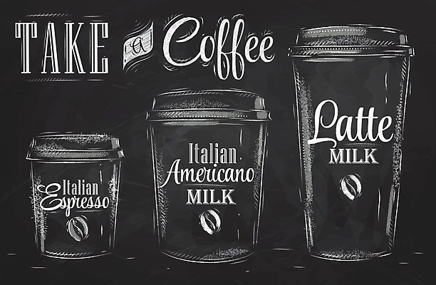 EPS 해외이미지 영어 포스터 일러스트 타이포그라피 사람없음 세트 낙서 메뉴 사이즈 아메리카노 에스프레소 라떼 테이크아웃컵 해외일러스트 문자 커피 컵 파일형식 벡터