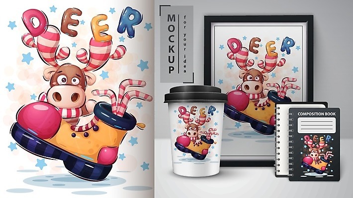 EPS 해외이미지 캐릭터 액자 신발 일러스트 사슴 뿔 사람없음 공책 스프링노트 테이크아웃컵 목업 벡터 해외202009 해외일러스트 일러캐릭터 포유류 문구용품 컵 파일형식