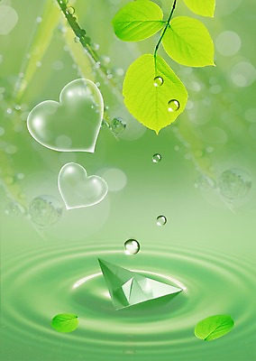 PSD 식물 편집이미지 물결 백그라운드 잎 나뭇잎 사람없음 초록색 물 물방울 하트 이슬 물백그라운드 종이배 이미지편집 자연요소 모양 컬러 종이접기 파일형식