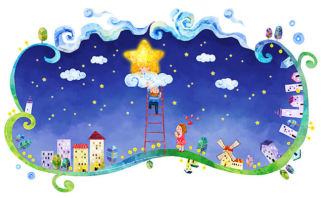PSD 나무 식물 구름 건축물 여자 남자 건축 별 초등학생 어린이 백그라운드 일러스트 사다리 밤하늘 날씨 주택 사람 소녀 소년 두명 건물 계단 풍차 야간 어린이만 국내일러스트 자연요소 학생 하늘 도구 파일형식