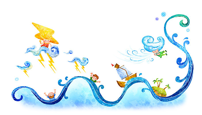 PSD 나무 식물 구름 남자 초등학생 어린이 파도 바다 섬 백그라운드 일러스트 바람 날씨 사람 소년 두명 야자수 손상 돛단배 번개 풍랑 선박 남자만 어린이만 소년만 국내일러스트 자연요소 학생 컨셉 수상교통 배_교통 파일형식