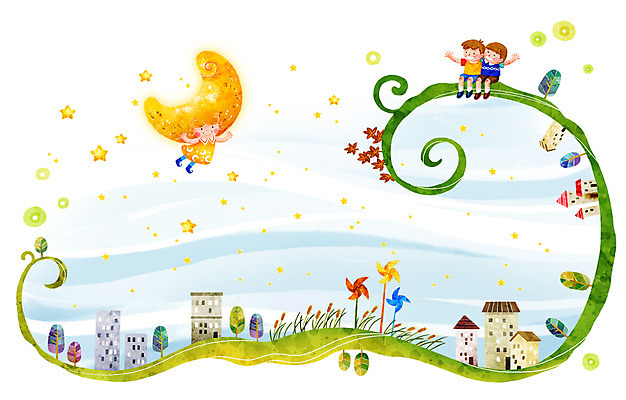 PSD 나무 식물 건축물 남자 건축 별 초등학생 어린이 백그라운드 일러스트 날씨 주택 사람 소년 초원 두명 건물 달 풀 야간 초승달 바람개비 남자만 어린이만 소년만 국내일러스트 자연요소 학생 파일형식