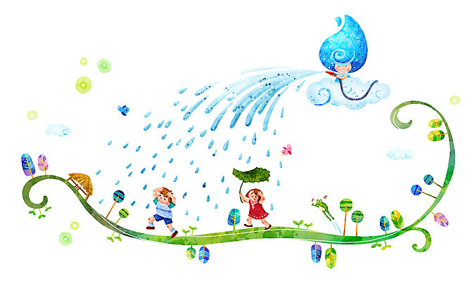 PSD 나무 식물 동물 구름 한마리 여자 남자 초등학생 어린이 백그라운드 잎 일러스트 우산 날씨 나뭇잎 개구리 사람 소녀 소년 두명 물방울 비 오두막 청개구리 원두막 호스 어린이만 국내일러스트 자연요소 1 학생 양서류 파일형식