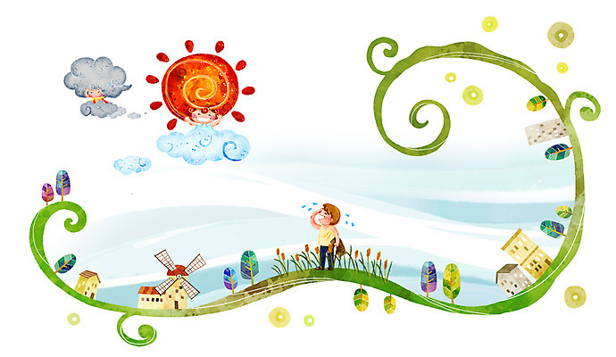 PSD 나무 식물 구름 건축물 남자 건축 초등학생 어린이 백그라운드 일러스트 동화 날씨 주택 전래동화 한명 사람 소년 초원 건물 여름 태양 풍차 풀 더위 먹구름 땀 햇님과바람 남자만 남자한명만 어린이만 소년만 소년한명만 국내일러스트 자연요소 1 학생 계절 파일형식 구름_자연