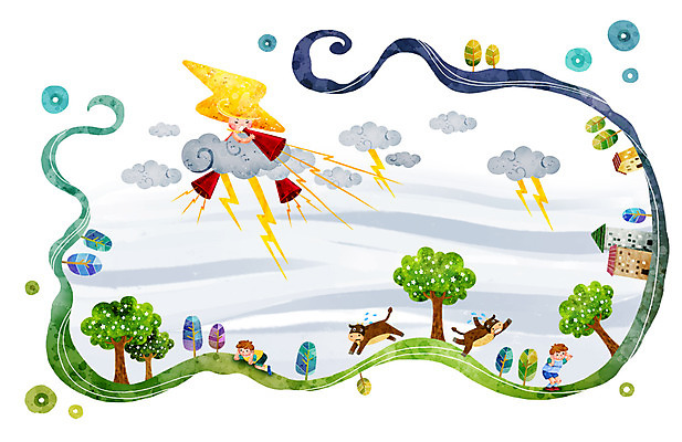 PSD 나무 식물 구름 건축물 남자 건축 초등학생 어린이 백그라운드 일러스트 날씨 주택 사람 소년 두명 건물 확성기 번개 무서움 먹구름 공포 남자만 어린이만 소년만 국내일러스트 자연요소 학생 감정 파일형식 구름_자연