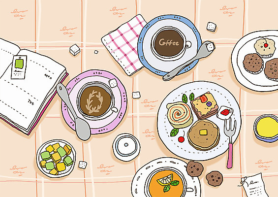 PSD 그릇 식기 접시 커피 음식 빵 포크 라인일러스트 일러스트 티타임 사람없음 쿠키 케이크 다이어리 숟가락 차 수프 커피잔 찻잔 각설탕 손수건 머핀 레시피 국내일러스트 음료 휴식 디저트 잔 수저 사무용품 설탕 파일형식