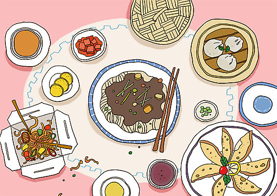 PSD 그릇 식기 접시 음식 라인일러스트 일러스트 젓가락 사람없음 중식 면류 면 양념 짜장면 만두 단무지 레시피 딤섬 군만두 쟁반짜장 국내일러스트 수저 파일형식