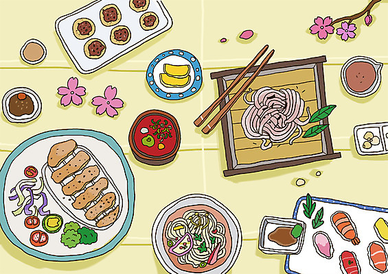 PSD 꽃잎 음식 라인일러스트 일러스트 젓가락 사람없음 초밥 면류 면 양념 장 돈가스 메밀국수 메밀 국수 생선초밥 우동 레시피 일본음식 판모밀 국내일러스트 꽃 식재료 수저 커틀릿 파일형식