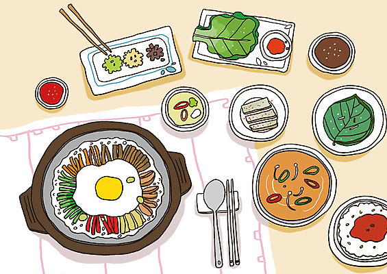 PSD 식기 한식 음식 채소 라인일러스트 일러스트 젓가락 밥 반찬 수저 사람없음 숟가락 쌀 양념 상추 계란프라이 쌈 깻잎 비빔밥 레시피 밥그릇 동치미 돌솥비빔밥 국내일러스트 그릇 김치 곡류 계란요리 파일형식