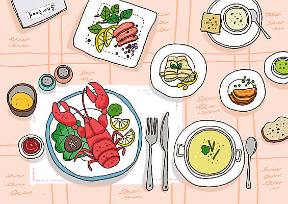 PSD 그릇 식기 접시 음식 빵 포크 라인일러스트 일러스트 서양음식 사람없음 숟가락 해물요리 양념 소시지 나이프 수프 바닷가재 레몬 해산물 레시피 국내일러스트 과일 수저 가공식품 칼 가재 파일형식