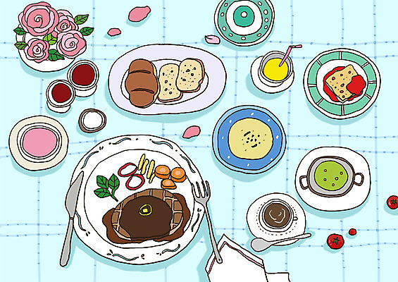 PSD 그릇 식기 접시 커피 음료 음식 빵 포크 라인일러스트 일러스트 서양음식 스테이크 사람없음 숟가락 나이프 수프 커피잔 레시피 국내일러스트 잔 수저 칼 파일형식