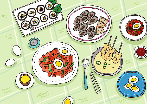 PSD 음식 포크 라인일러스트 일러스트 젓가락 사람없음 계란 어묵 떡볶이 분식 김밥 레시피 순대 삶은계란 쫄면 국내일러스트 식기 수저 알 계란요리 파일형식